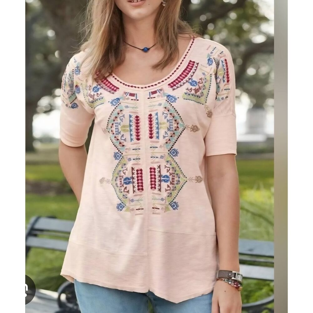 Sundance Brighter Days Embroidered Pink Short Sleeve Top‎ Size Small